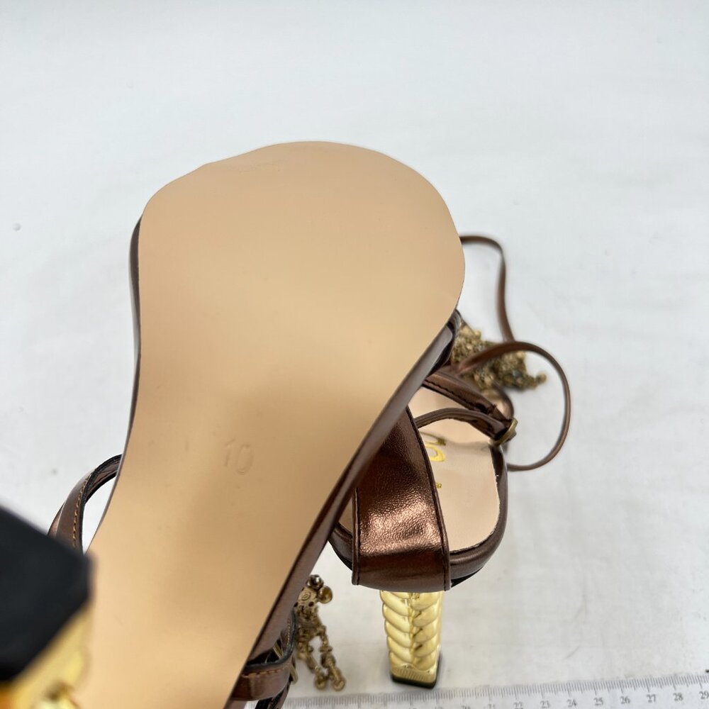FSJ Brown Bell Gold Metal Chain Thick High Heel Open Toe Strappy Sandals - Picture 6 of 8